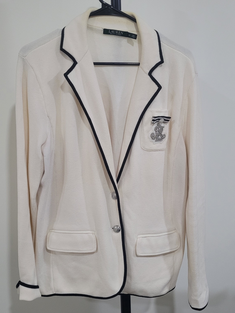 Ralph Lauren Cream Blazer with Black Trim and Embroidered Rhinestones Crest XL